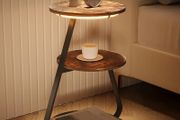 Side Table, Small Round Coffee Table with 3 Color LED Lights, End Table with 3 Tier Storage Shelves, Bedside Sofa Side Tables for Living Room Bedroom, Rustic Brown