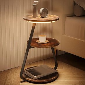 Side Table, Small Round Coffee Table with 3 Color LED Lights, End Table with 3 Tier Storage Shelves, Bedside Sofa Side Tables for Living Room Bedroom, Rustic Brown