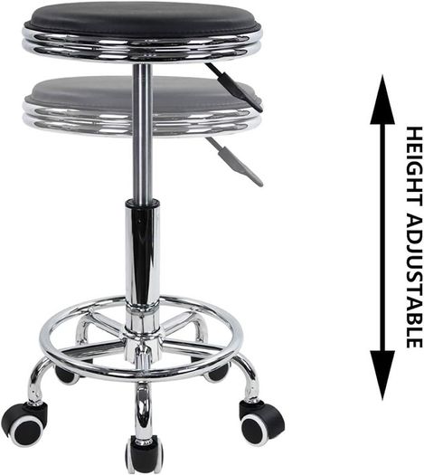 NEW SALE | Round Rolling Stool with Foot Rest PU Leather Height Adjustment Modern Industrial Metal Style Swivel Spa Salon Tattoo Work Massage Stools Small