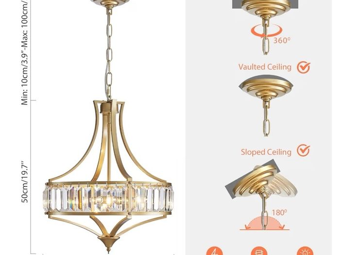 Brand New 40cm Vintage Gold 4-Light Crystal Chandelier Rustic Pendant Desig...