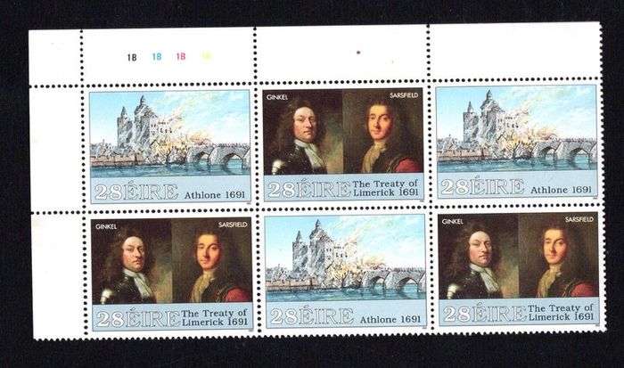 1991 Ireland 300th Anniversary of Williamite Wars Commemorative Stamps Plate Block 1B1B1B1B of six Mint Never Hinged (MNH)