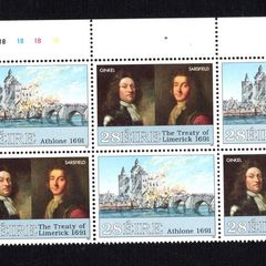 1991 Ireland 300th Anniversary of Williamite Wars Commemorative Stamps Plate Block 1B1B1B1B of six Mint Never Hinged (MNH)
