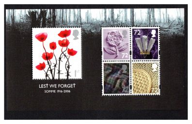 2006 Great Britain "Lest We Forget" 90th Anniversary of the Battle of Somme 1916-2006 Commemorative & Definitive Stamps Miniature Sheet Mint Never Hinged (MNH)