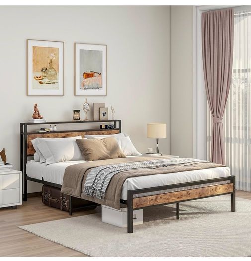 King Size Bed Frame with Storage Wooden Headboard,Bed