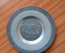 Mullingar pewter ash tray with post logo around the edge and GPO in centre.