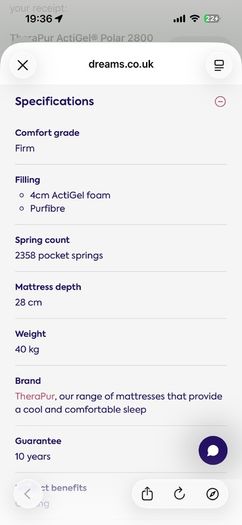 Nearly new Dreams TheraPur ActiGel Polar 2800 super king mattress