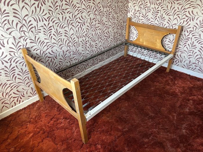 Vintage Mid Century Wooden Single Bed Frame with Metal Spring Base