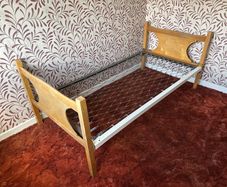 Vintage Mid Century Wooden Single Bed Frame with Metal Spring Base