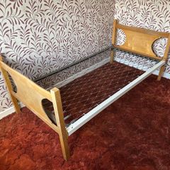 Vintage Mid Century Wooden Single Bed Frame with Metal Spring Base