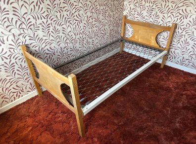 Vintage Mid Century Wooden Single Bed Frame with Metal Spring Base