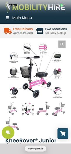 Kneerover Junior mobility knee scooter in pink. Well-used, but still working well!