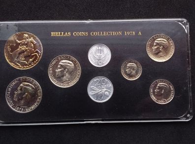 Vintage 1973 Greek Mint Coin Set - Rare " Series A " Junta Emblem, ( UNC )