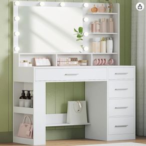 Vanity Dressing Table LED Mirror 5 Drawers White