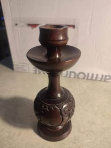 wooden candlestick vintage hand turned elephant carved into wood