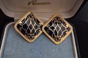 1980s Large Earrings, Navy and Gold, Clip On