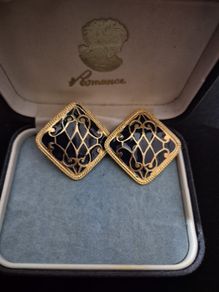 1980s Large Earrings, Navy and Gold, Clip On