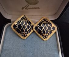 1980s Large Earrings, Navy and Gold, Clip On
