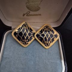1980s Large Earrings, Navy and Gold, Clip On