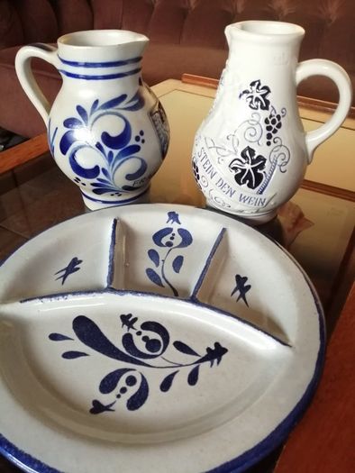 Set of Two Vintage German Salt Glazed stoneware Jugs and a French Fondue or Nibbles Plate.