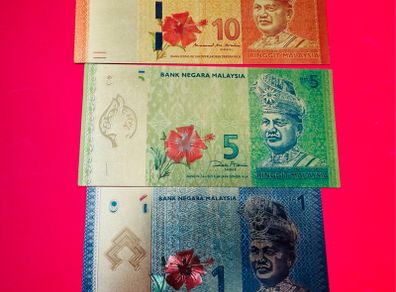 Malaysia. 1/ 5 / 10 Ringgit  Gold Foil Banknotes