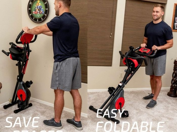 Foldable Fitness Exercise Bike with Resistance Bands, 16 Magnetic Resistance Levels with Pulse Sensor, Phone/Tablet Holder with Smooth and Quiet Cycling (FREE POSTAGE)