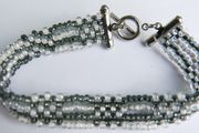 Kumihimo Seed Bead Bracelet: Black, White,  Silver Clasp