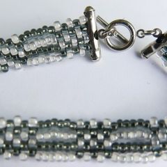 Kumihimo Seed Bead Bracelet: Black, White,  Silver Clasp