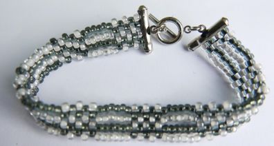 Kumihimo Seed Bead Bracelet: Black, White,  Silver Clasp