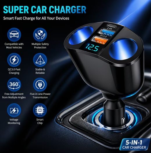 Car Cigarette Lighter Adapter, USB + Type-C Car Phone Charger Adapter,