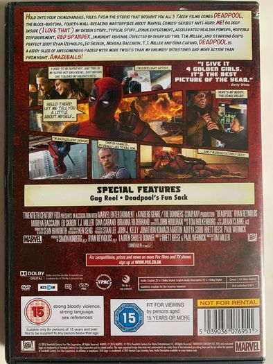 Deadpool (Marvel) [2016] Ryan Reynolds, Ed Skrein, T.J. Miller, Gina Carano, Brianna Hildebrand & Morena Baccarin [1xDVD Movie]