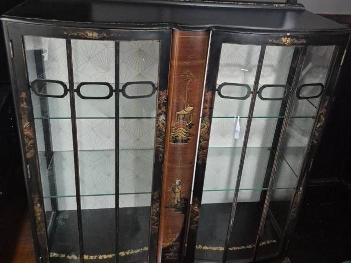 Vintage  Turnige Chinoiserie locking ebonised handpainted cabinet 3 tiers
