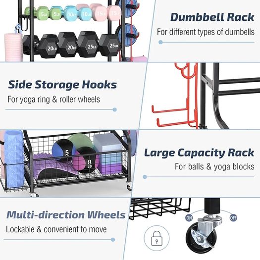 Dumbbell Rack Stand, Multifunctional Weight Rack for Dumbbells, Yoga Mat, Fascia Roller, Kettlebell and Yoga Block, Powder-Coated Steel Dumbbell Stand with Wheels and Hooks