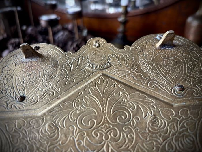 Rare DEPOSE antique brass double inkwell with dragon detail