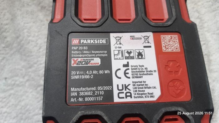 Lidl Parkside 20V X20V Battery 4.0 Ah PAP 20 B3 Li-Ion
