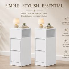 Set of 2 Narrow Bedside Tables with 2 Drawers  White