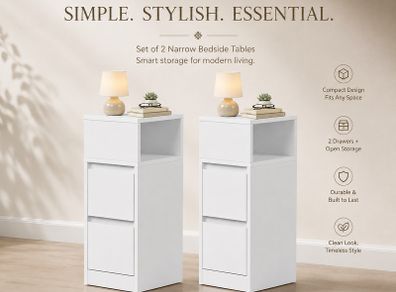 Set of 2 Narrow Bedside Tables with 2 Drawers  White