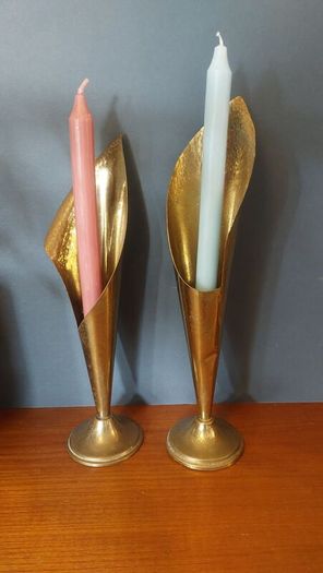 A Fabulous Pair of Rare Antique/Vintage Brass Arts & Crafts Style "Calla Lily" or "Trumpet" Vases with Hand-Beaten Repousse Finish  - Priced as a Pair, But Can be Sold Separately