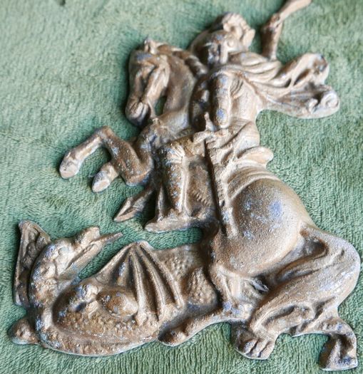 Vintage Aluminum Warrior Killing The Dragon Horseman Fighting With Dragon Reliev Figurine 9" X 7,5"