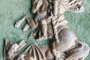 Vintage Aluminum Warrior Killing The Dragon Horseman Fighting With Dragon Reliev Figurine 9" X 7,5"