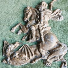 Vintage Aluminum Warrior Killing The Dragon Horseman Fighting With Dragon Reliev Figurine 9" X 7,5"