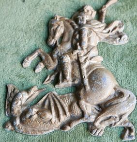 Vintage Aluminum Warrior Killing The Dragon Horseman Fighting With Dragon Reliev Figurine 9" X 7,5"