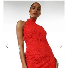 Karen Millen Red Lace Applique Halter Woven Mini Dress