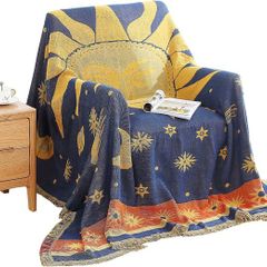 Decorative 100% Cotton Woven Throw Blanket Sofa Towel Cotton Warm Slipcover 130 x 180cm (Sun Moon Stars)