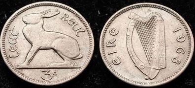 [#176] - Ireland 1968 | 3 Pence | Irish 3d | Hare | KM.12a | UNC