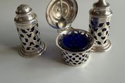 Vintage 3-Piece Silver-Plated Condiment Cruet Set with Bristol Blue Glass Liners