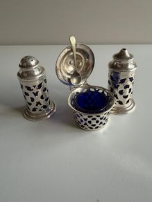 Vintage 3-Piece Silver-Plated Condiment Cruet Set with Bristol Blue Glass Liners
