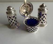 Vintage 3-Piece Silver-Plated Condiment Cruet Set with Bristol Blue Glass Liners