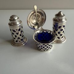 Vintage 3-Piece Silver-Plated Condiment Cruet Set with Bristol Blue Glass Liners