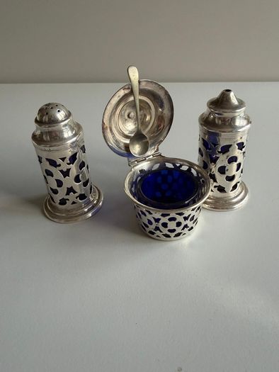 Vintage 3-Piece Silver-Plated Condiment Cruet Set with Bristol Blue Glass Liners