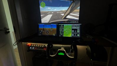 Flight Simulator Cockpit Setup Yoke, Rudder Pedals, Dual Screens & Custom Switch Panel